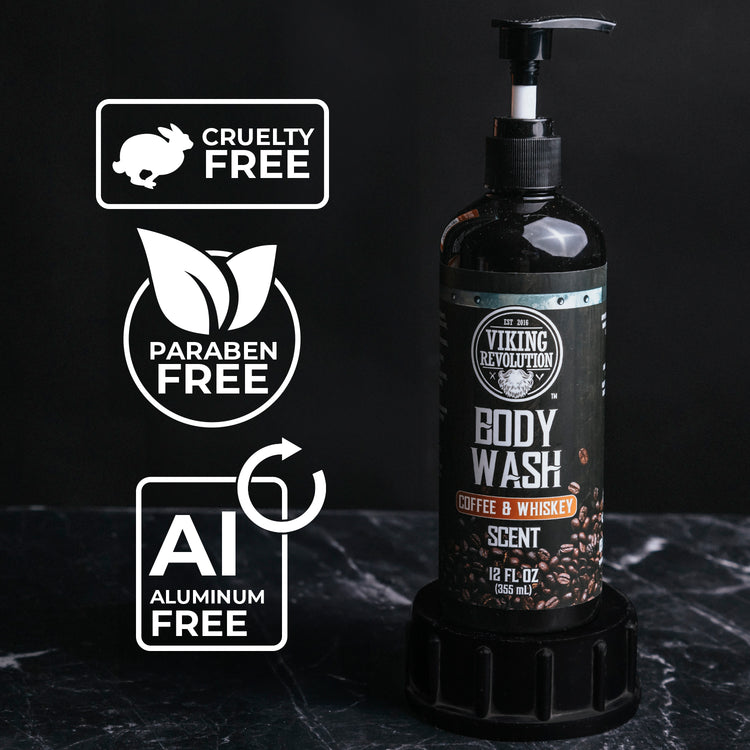 Coffee & Whiskey Body Wash - 12oz for mens grooming on a dark surface with labels: Cruelty Free, Paraben Free.