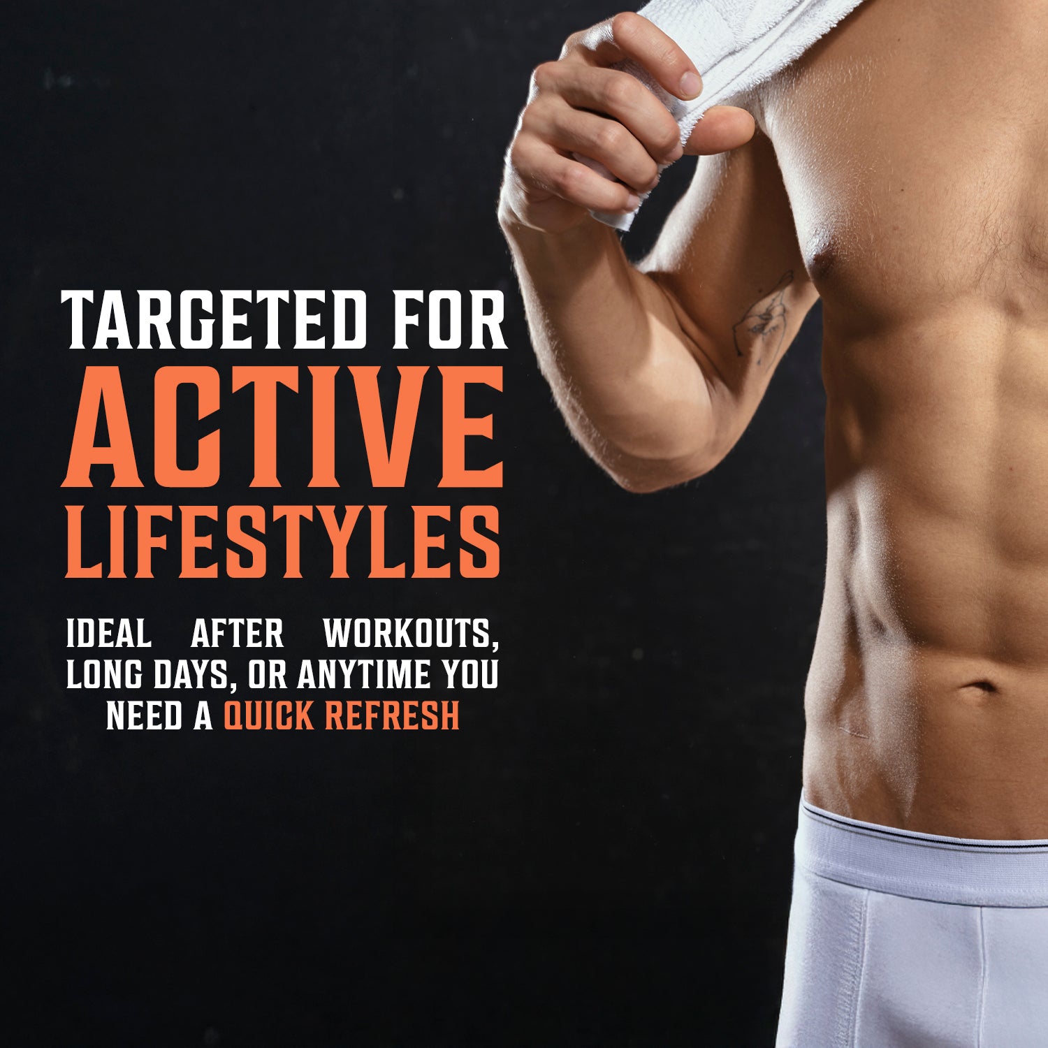 Fit man wiping sweat; highlights Mens Intimate Wash with Aloe, Tea Tree Oil, Witch Hazel for quick refresh.