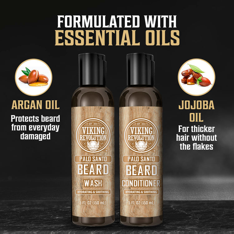 Two Palo Santo Beard Wash & Conditioner bottles with all-natural ingredients, argan, and jojoba oils.