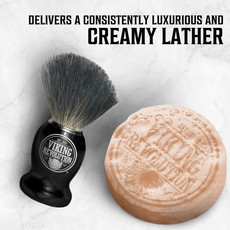 Viking Revolution Shaving Soap 4 Pack with brush and Spiced Vanilla on marble background.