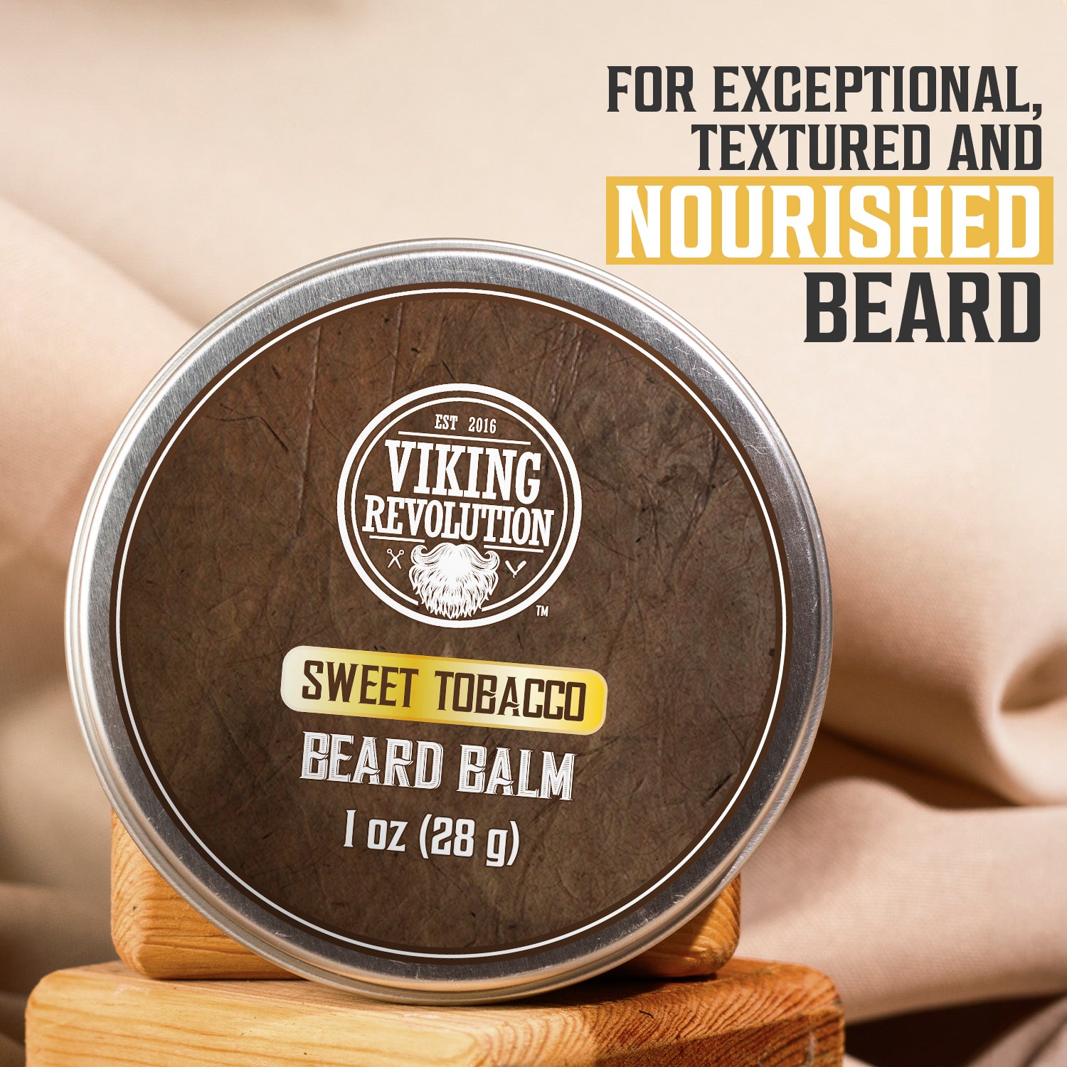 Beard balm tin on wood labeled Sweet Tobacco, from a 4-pack: Spiced Vanilla, Sweet Tobacco, Oud, Citrus.