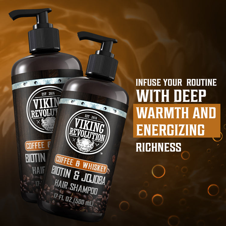 Two bottles of Coffee & Whiskey Hair Shampoo Set on a warm, smoky background. Perfect for thinning hair.