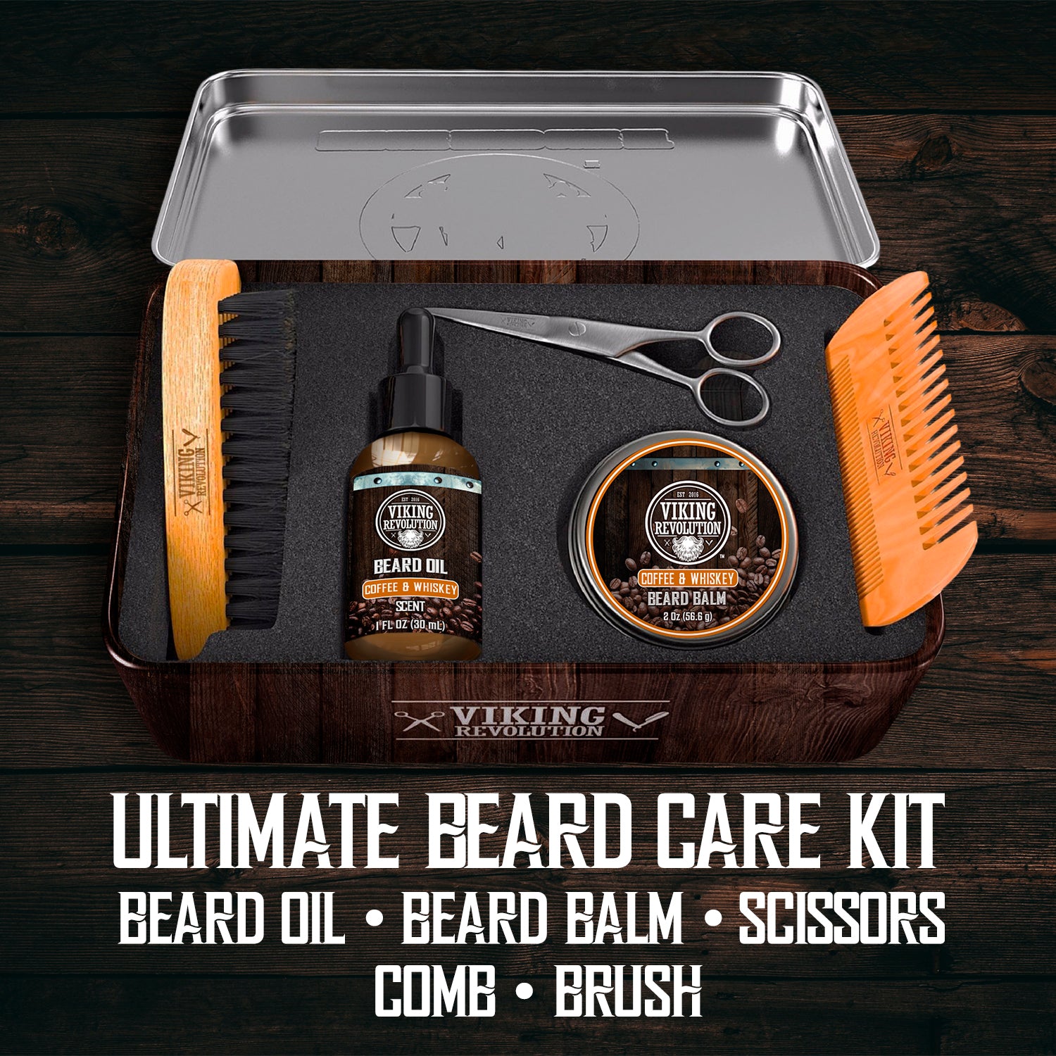Beard Care Kit - Coffee & Whiskey: oil, balm, scissors, comb & brush in metal-wood box.