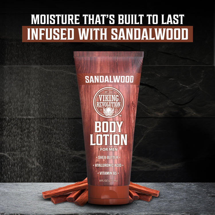 Body Lotion for Men - Sandalwood on dark background with pieces, ideal for relieving dry skin.