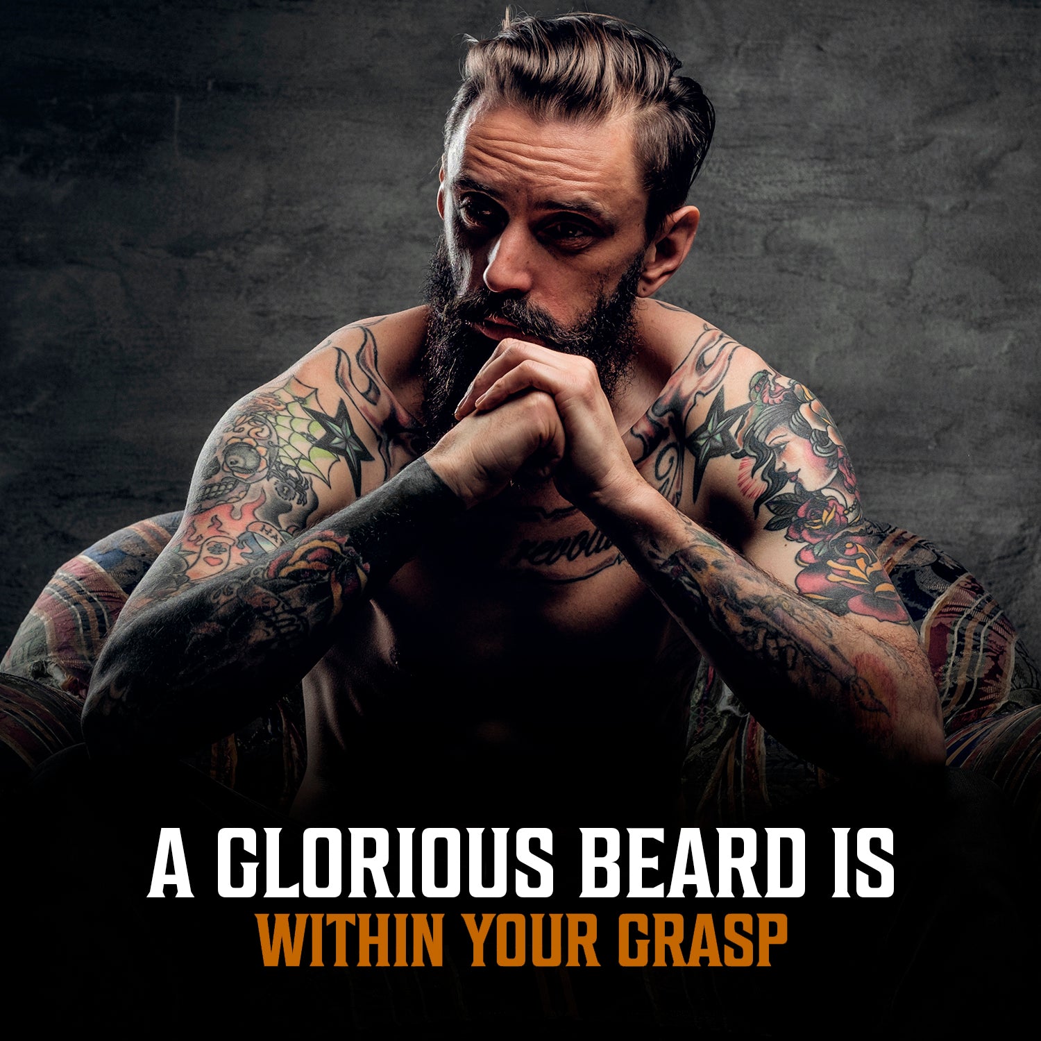 Tattooed man, beard thoughtful. Text: A Glorious Beard Awaits with Coffee & Whiskey Beard Oil.