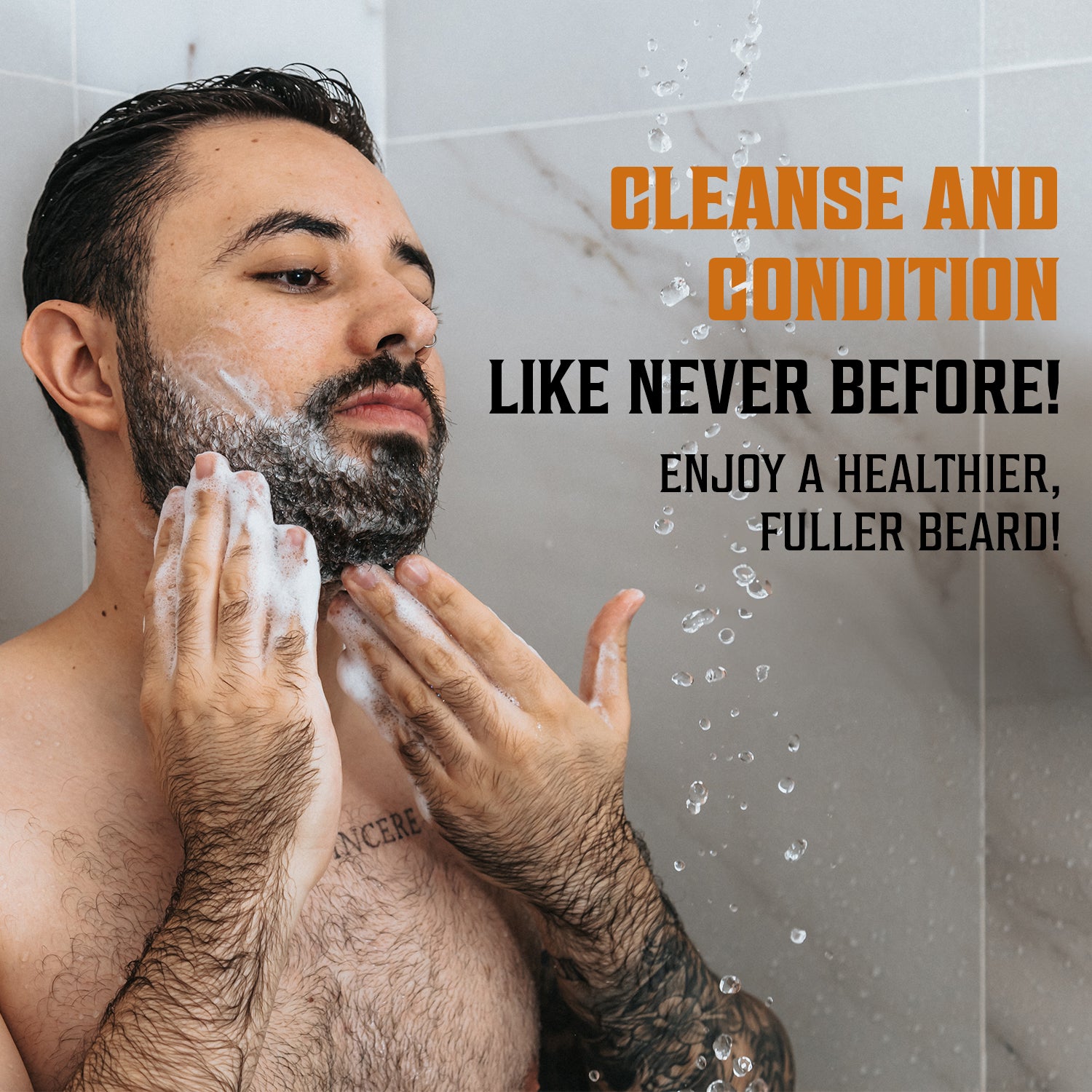 Man washing beard with Coffee & Whiskey Beard Wash and Conditioner Set, text promoting beard care.