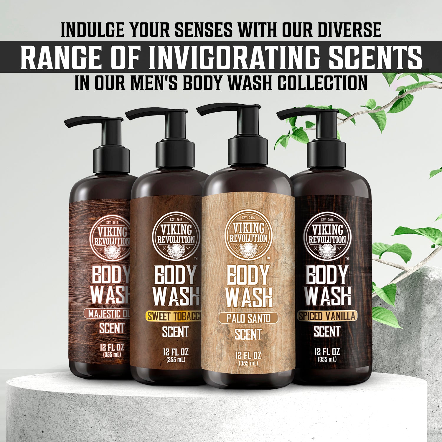 Four bottles of Palo Santo Body Wash 12oz for highly active men sit on a bathroom counter, each uniquely scented.