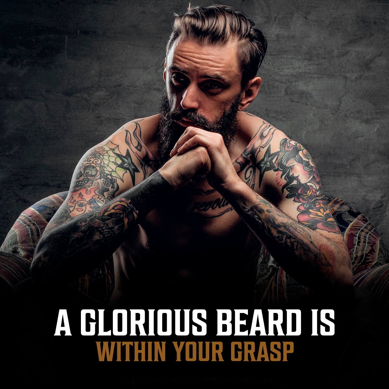 Tattooed man with beard, hands together: Glorious Beard Texture Is Within Your Grasp. Palo Santo Beard Oil.