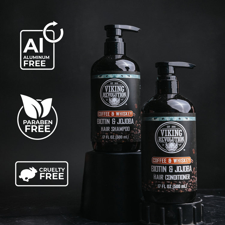 Two bottles of Coffee & Whiskey Shampoo, cruelty-free, aluminum-free, paraben-free for mens thinning hair.