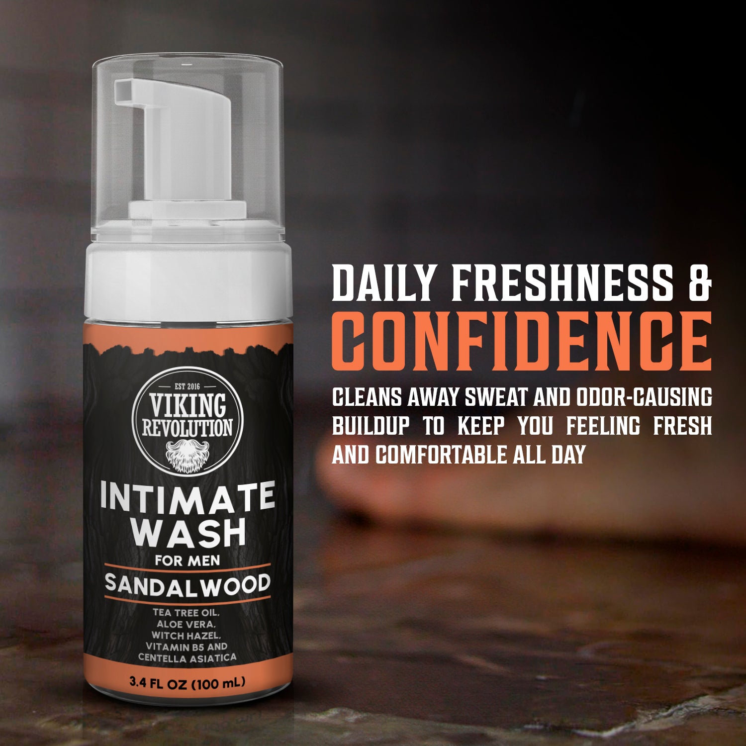 Mens Intimate Wash with Aloe Vera, Tea Tree Oil & Witch Hazel (3.4oz) promotes daily freshness.