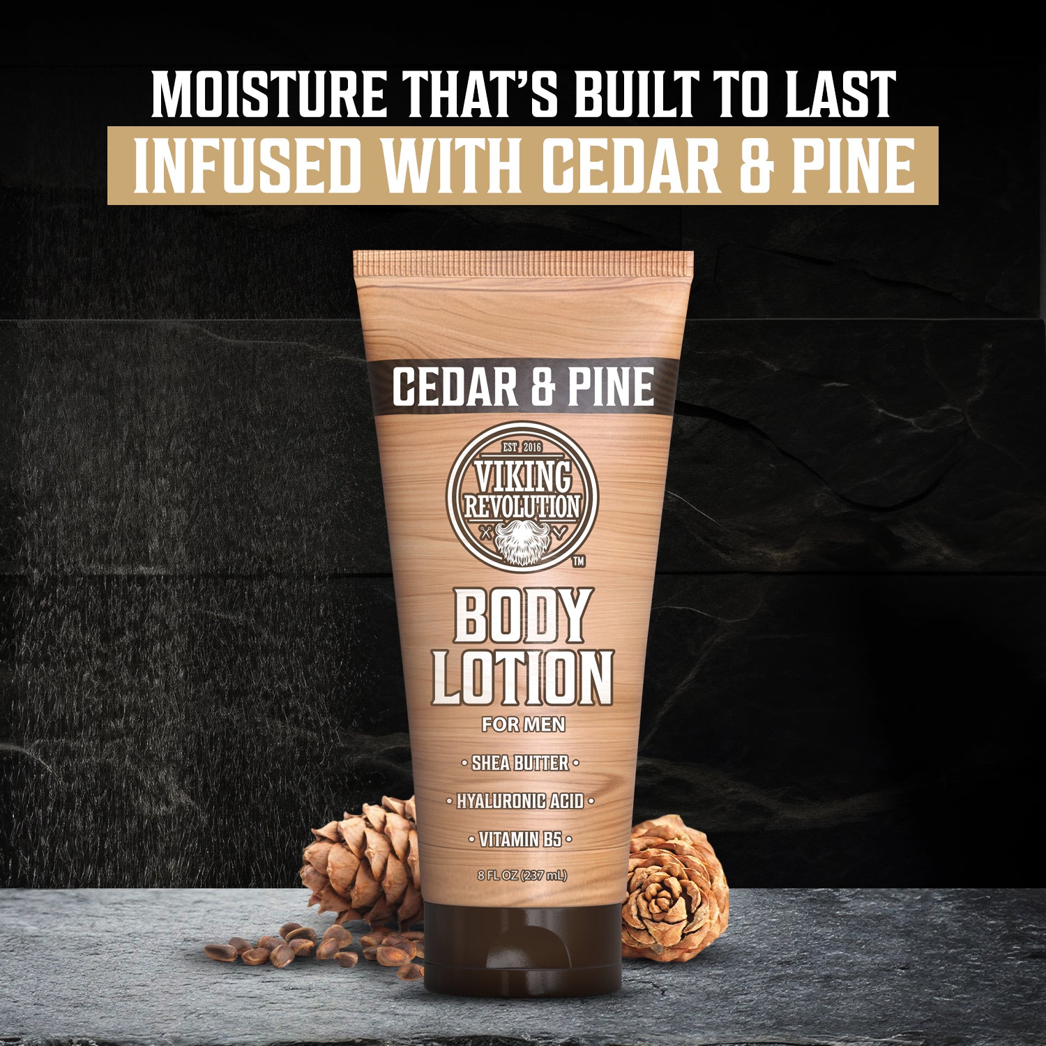 Body Lotion for Men - Cedar and Pine, enriched with shea butter and vitamin B5 for ultimate hydration.