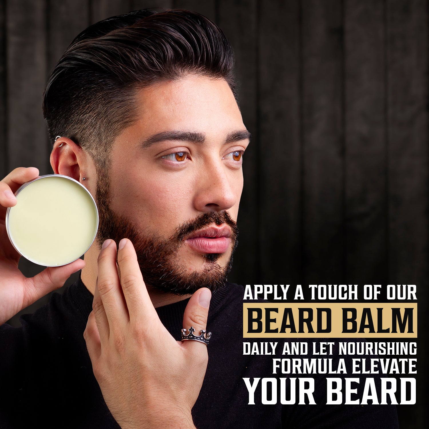 Man using 4 Beard Balm Variety Pack (1oz tin); ideal for daily nourishing and enhancing beards.