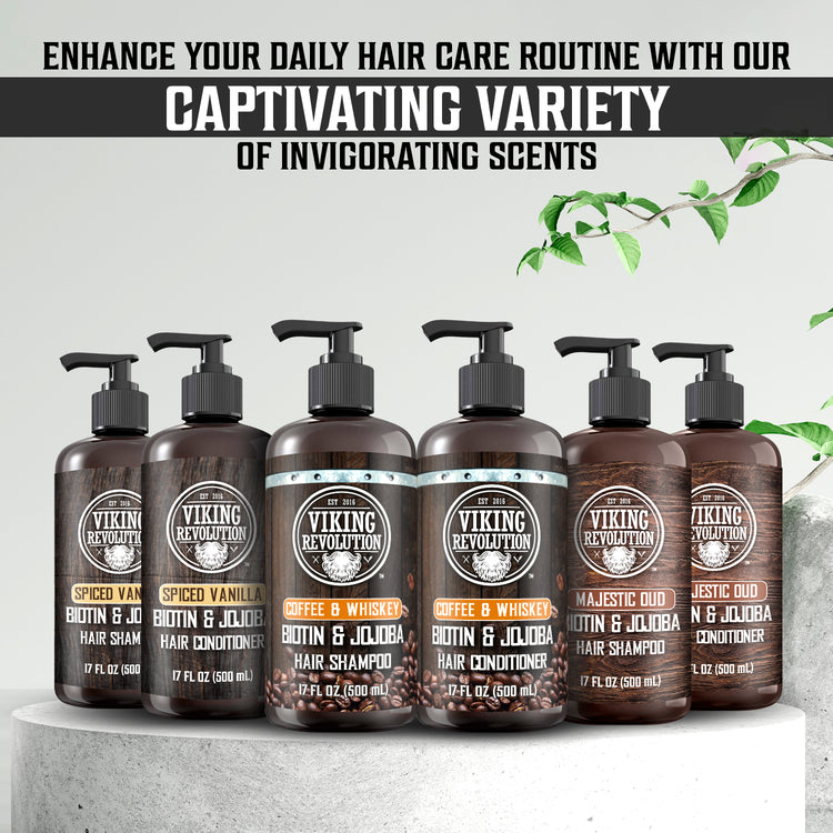 Six Coffee & Whiskey shampoo bottles (17 oz each) on a countertop for thinning hair.