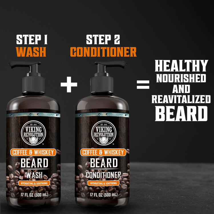 Two bottles: Coffee & Whiskey Beard Wash and Conditioner Set - 17 Oz = Healthy Beard Growth.