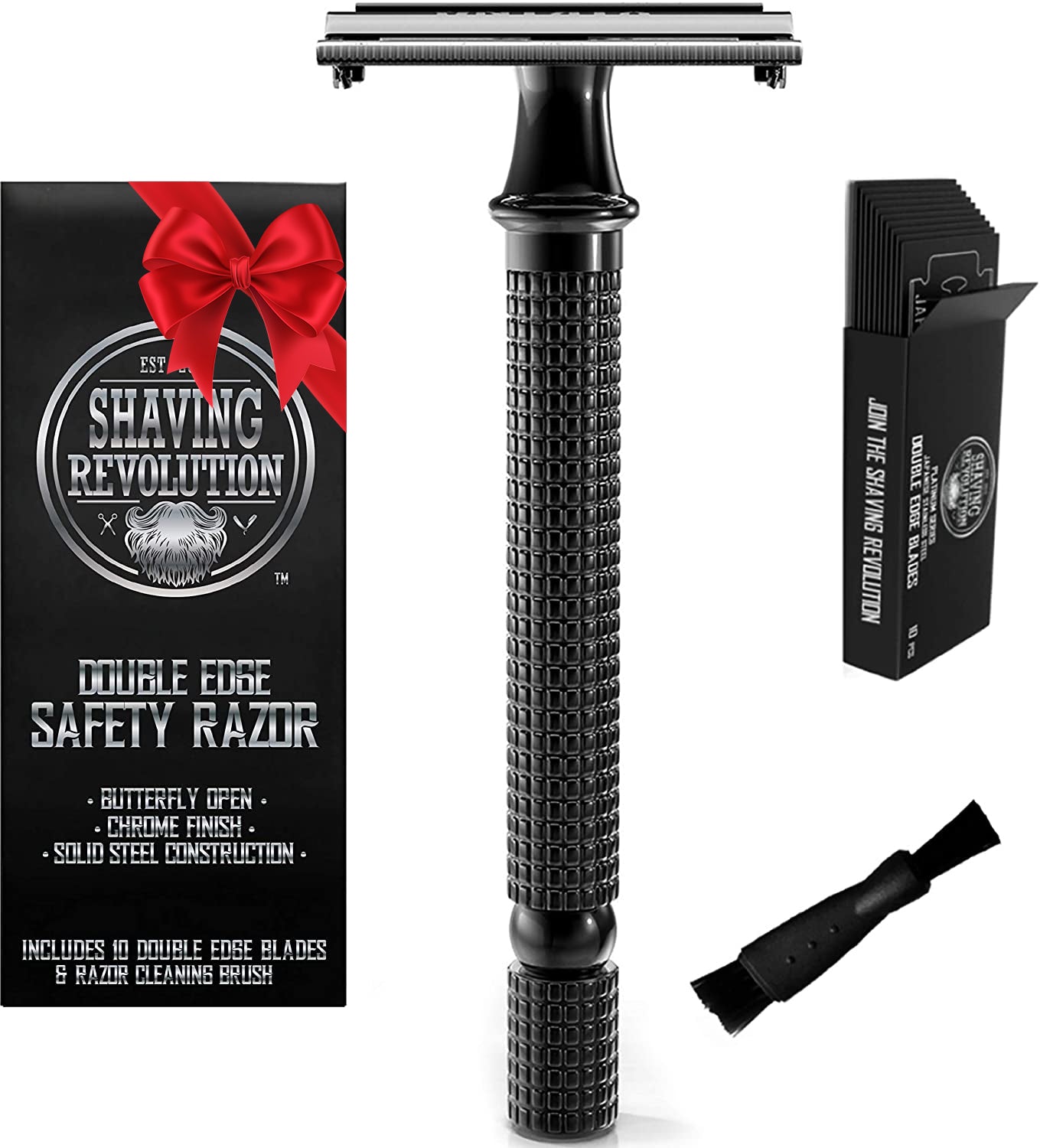 Long Handle Double Edge Safety Razor w/ 10 Blades (Black)
