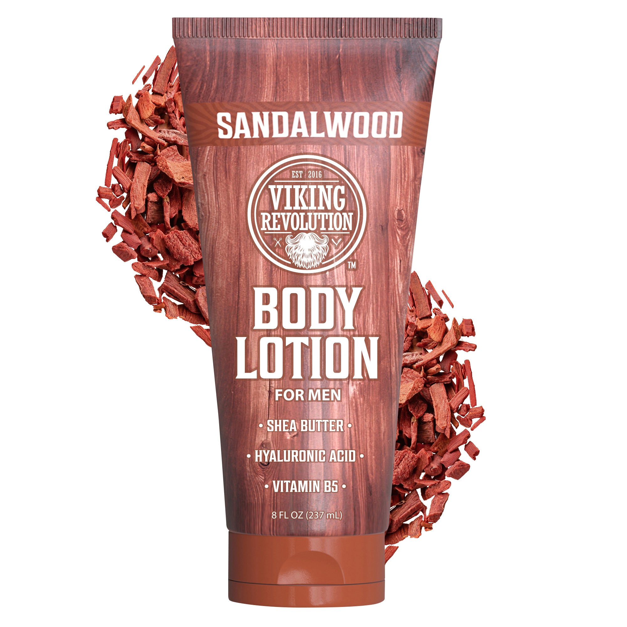 Body Lotion for Men - Sandalwood in a tube, surrounded by sandalwood pieces.