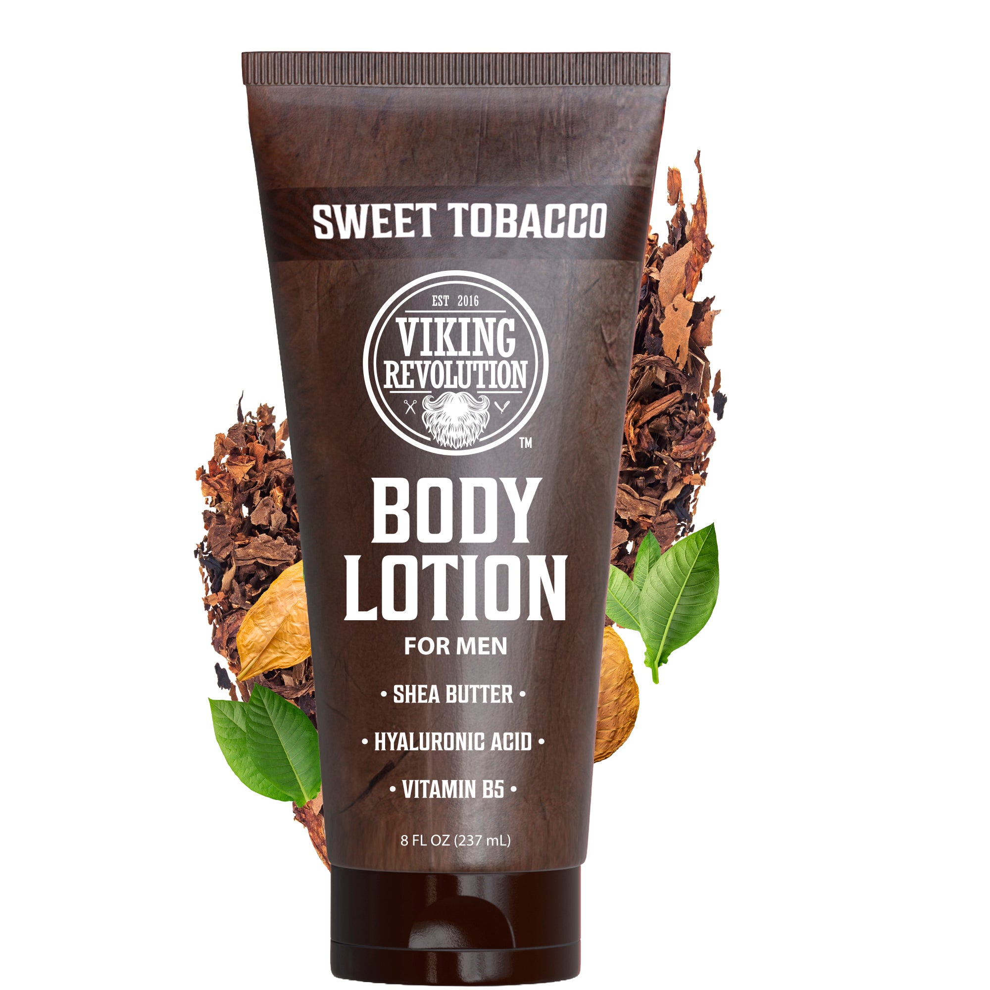 Viking Revolution Body Lotion for Men - Sweet Tobacco, with tobacco leaves around the brown tube.