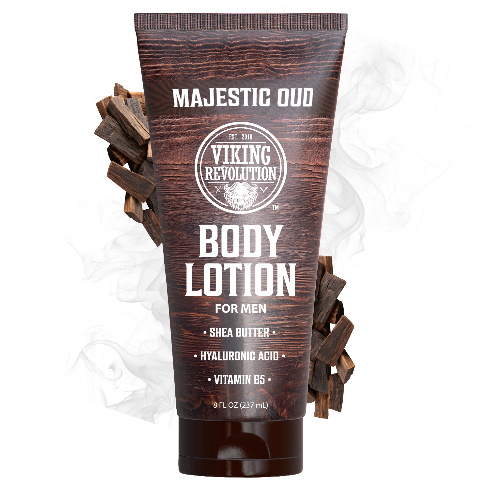 Body Lotion - Majestic Oud men's tube with wood pieces and a smoky background.