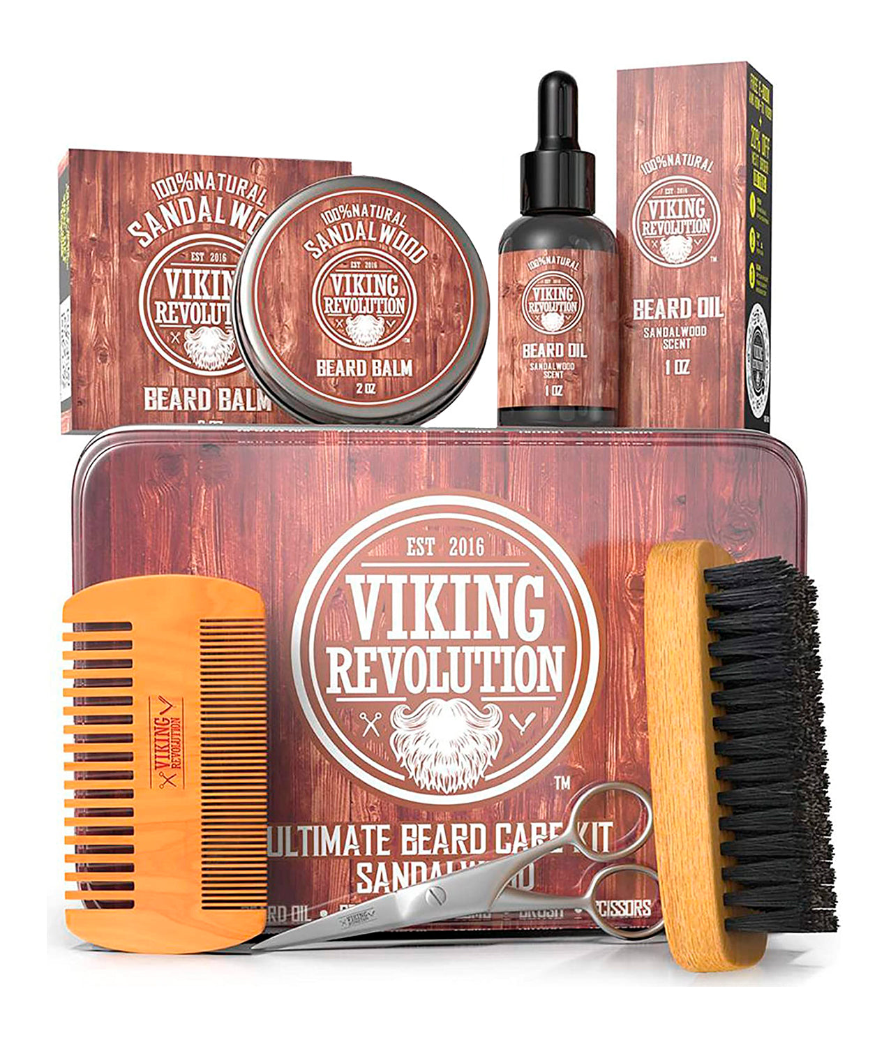Beard Care Kit with balm, sandalwood oil, brush, comb, scissors, and tin.