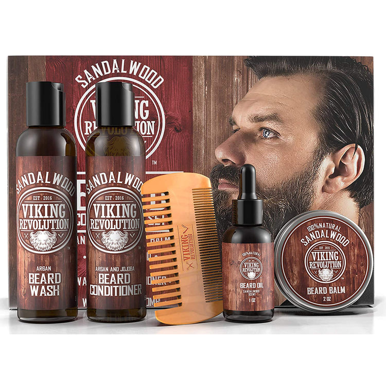 Viking Revolution - Sandalwood Grooming Kit: beard wash, conditioner, oil, balm, and comb.