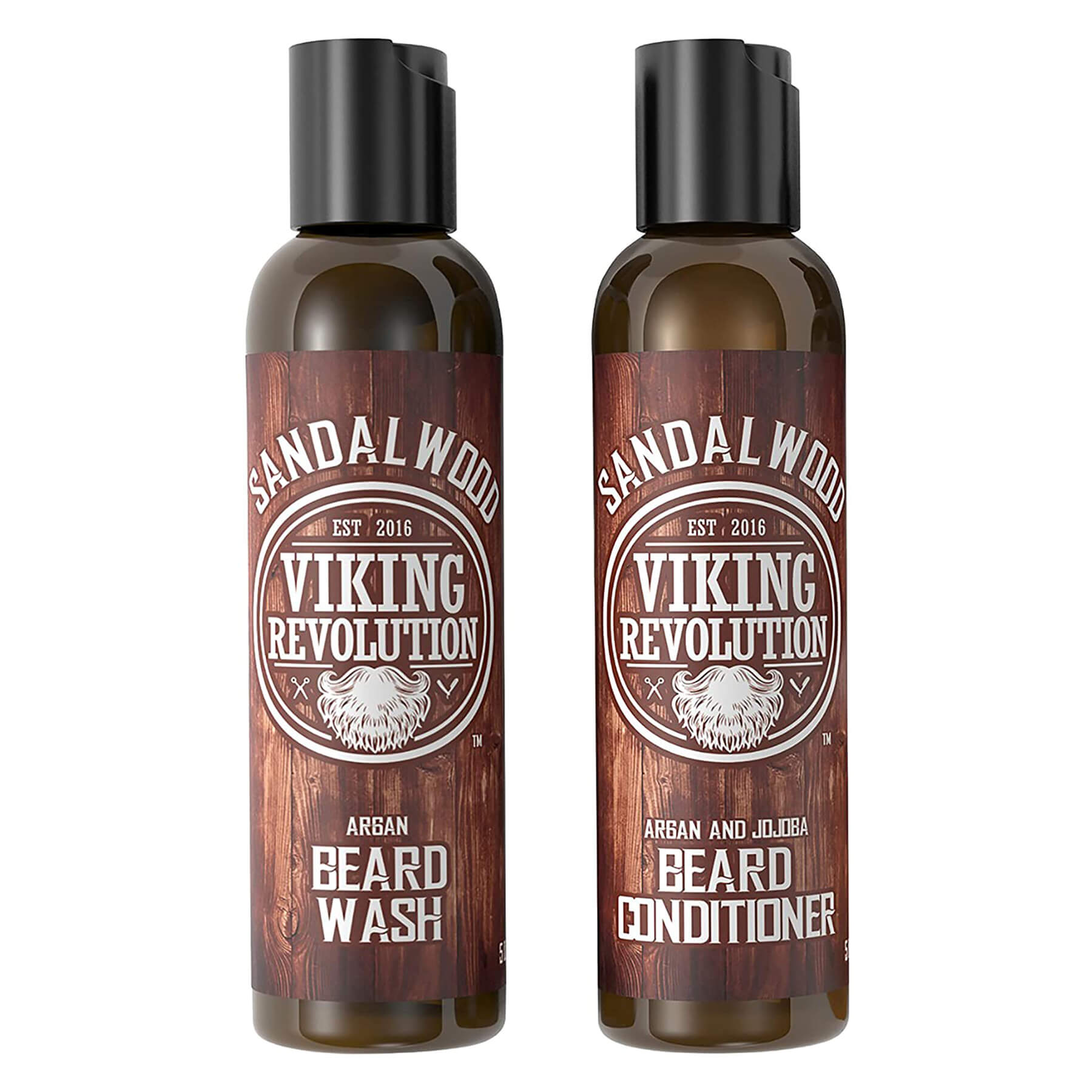Two brown bottles: Viking Revolution Sandalwood Beard Wash & Conditioner Set, 5oz each.