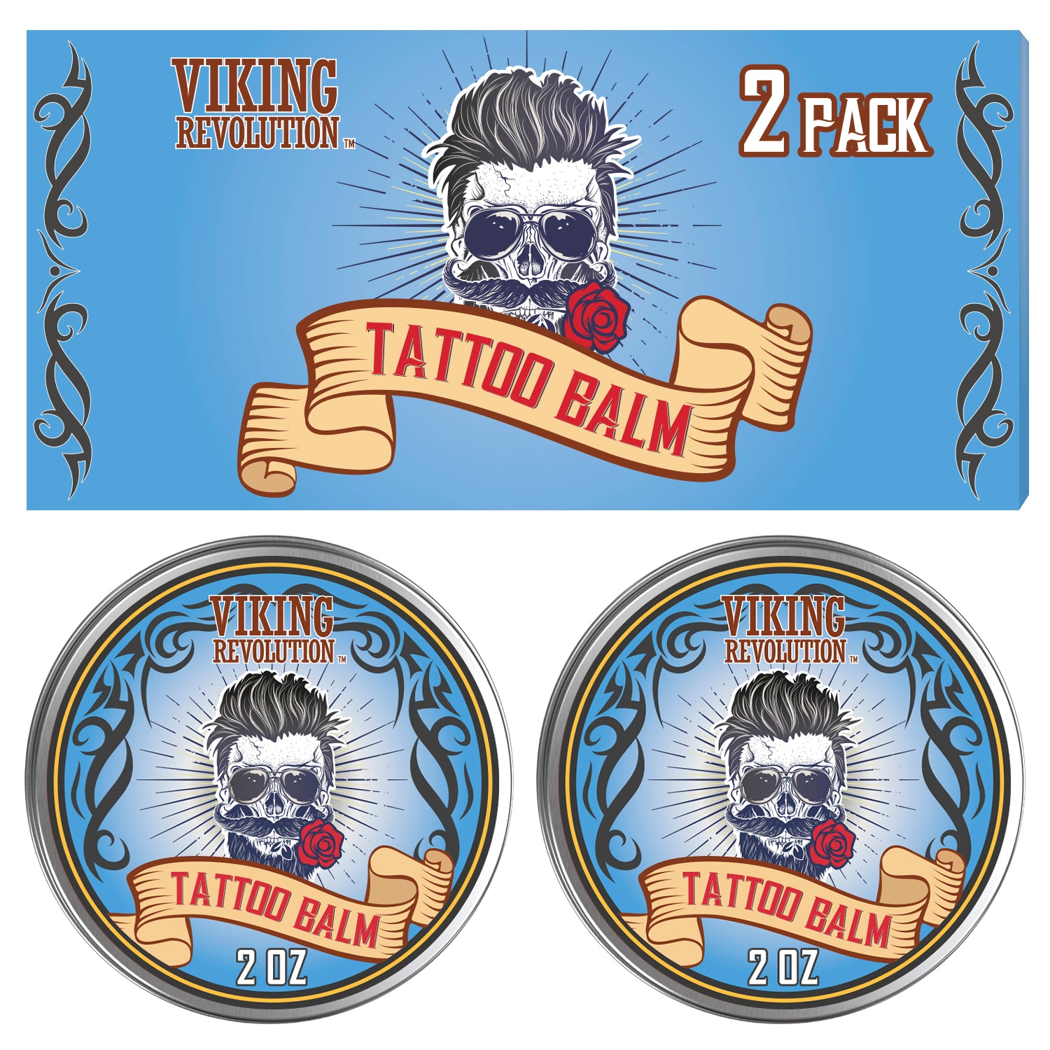 Two tins of Tattoo Care Balm - 2 Pack with skull, rose, and banner design on blue packaging.