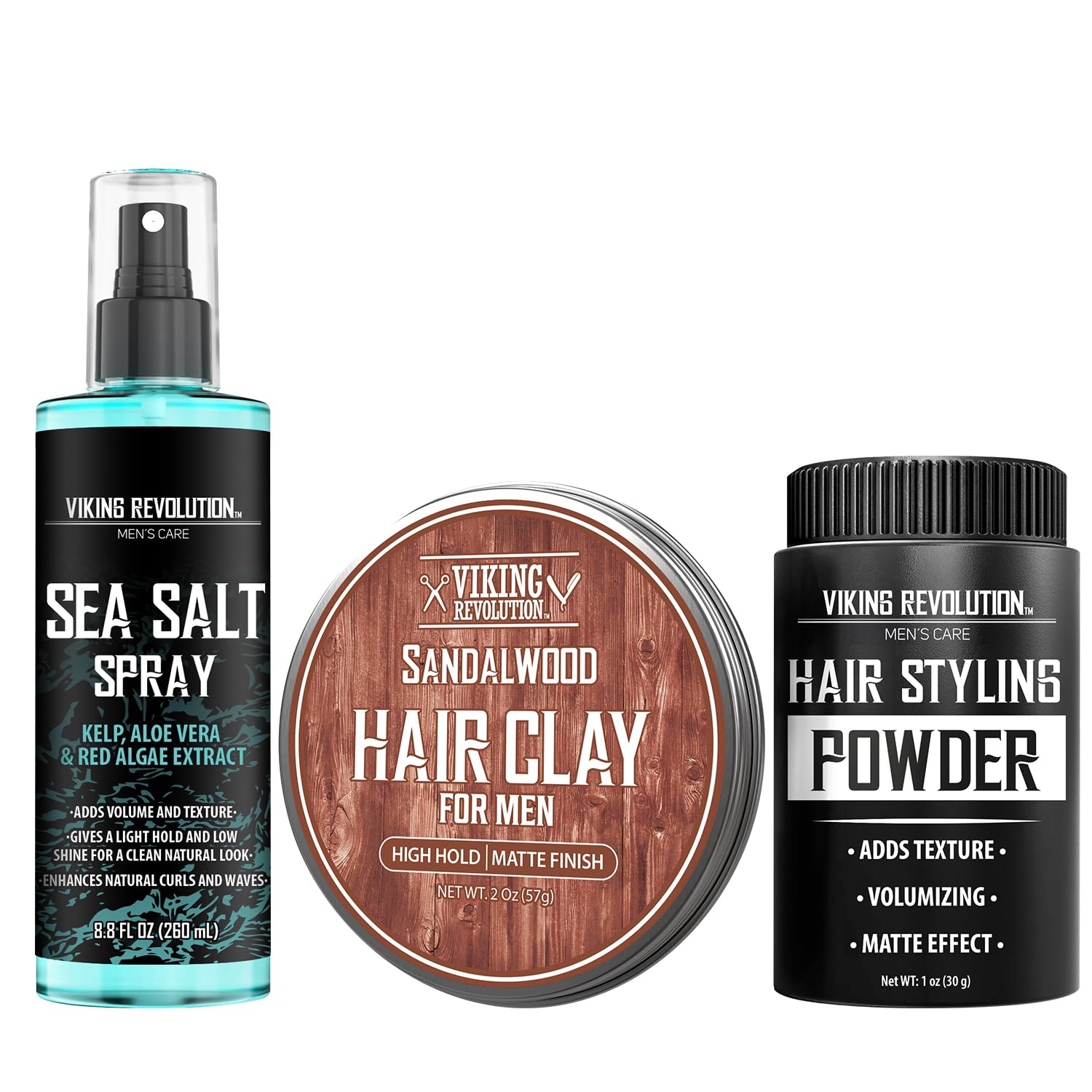 Viking Revolution Kit: Sea Salt Spray (8oz), Sandalwood Hair Clay (2oz), Styling Powder (1oz).