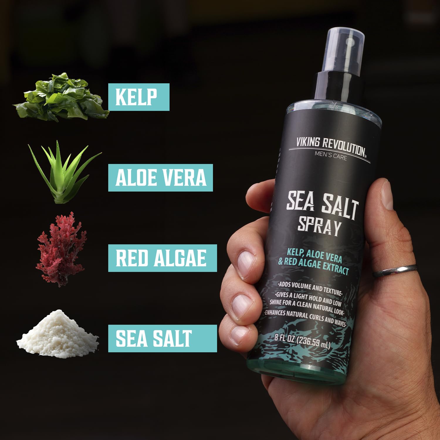 A hand holds Men Hair Styling Kit Sea Salt Spray; kelp, aloe vera, red algae, and sea salt shown.