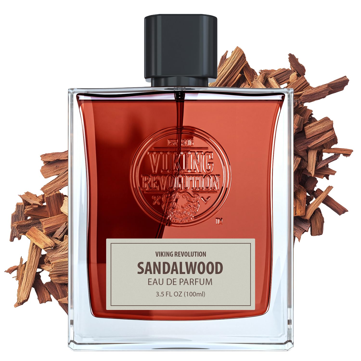 A 3.5 Fl Oz bottle of Sandalwood Perfume for men with sandalwood pieces in the background.
