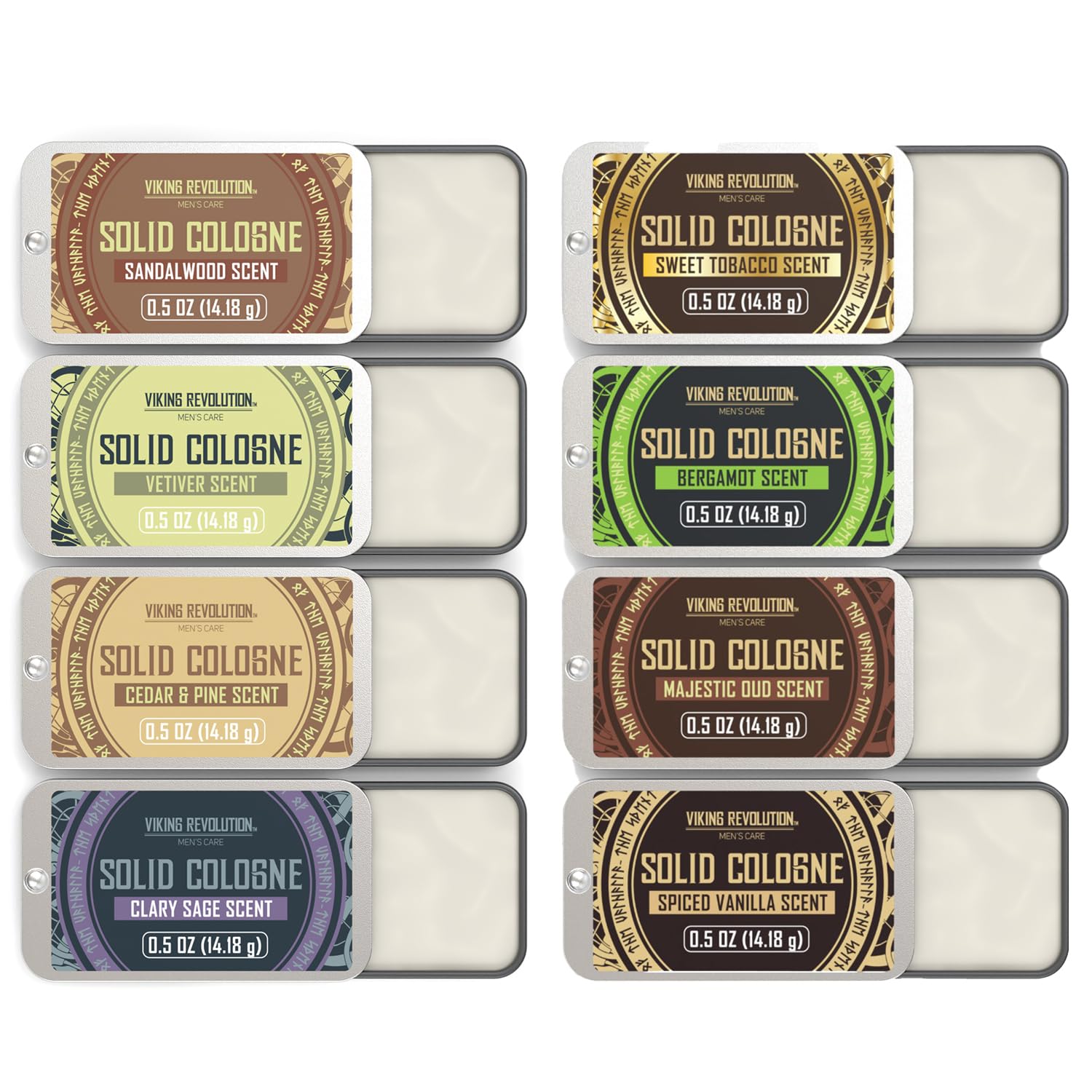 Eight tins of Solid Cologne 8 Pack for men, assorted scents, each with lid partly open.