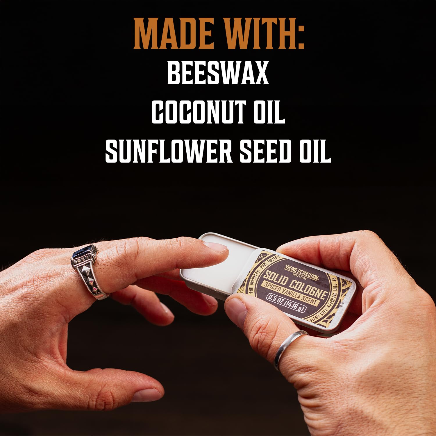 Hands open a Solid Cologne 8 Pack; text lists beeswax, coconut oil, sunflower seed oil.