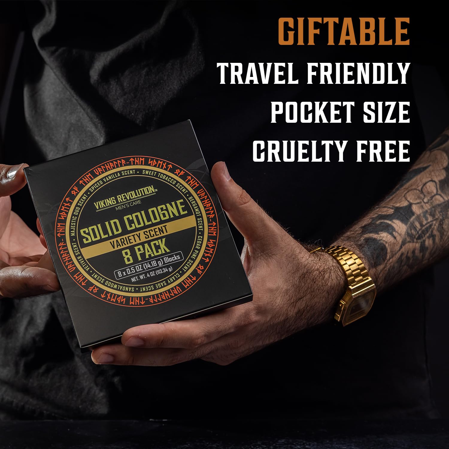 A tattooed hand holds a Solid Cologne 8 Pack; giftable, travel-friendly, and cruelty-free.