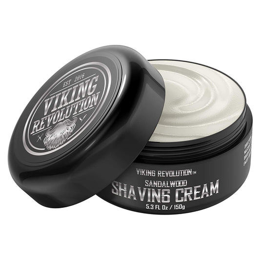 Featuring natural sandalwood oils, the Viking Revolution - Sandalwood Shaving Cream 5.3oz comes in a black container with an open lid, ensuring a smooth shave perfect for sensitive skin.