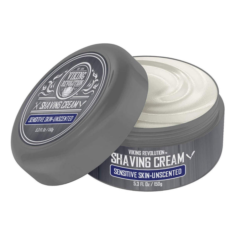 Introducing the Viking Revolution - Unscented Shaving Cream for Sensitive Skin, designed with a round container and embellished with a grey lid featuring the iconic Viking Revolution logo. For an ultra-smooth and nourishing shave, it is enriched with sandalwood oils.