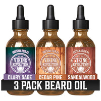 Three 1oz bottles of Viking Revolution Beard Oil - 3 Pack: Clary Sage, Cedar Pine, Sandalwood.