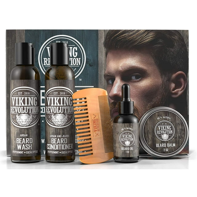 Discover the Viking Revolution - Beard Care Kit, Classic, for the ultimate beard care experience. This set features natural ingredients and includes a beard wash, conditioner, oil, balm, and a comb. The packaging is elegantly designed with a male model for a sophisticated touch.