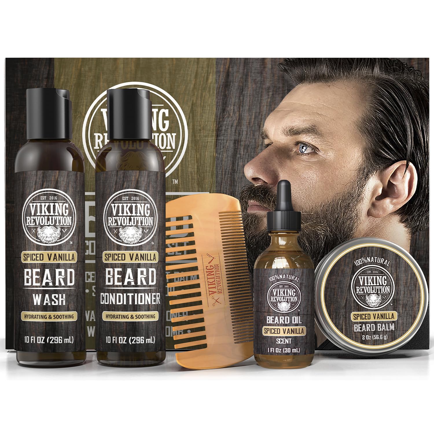 Ultimate Spiced Vanilla Conditioner Kit: beard wash, conditioner, oil, balm & wooden comb included.