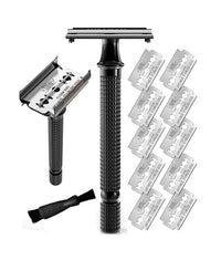 Long Handle Double Edge Safety Razor (Black) with 10 Blades, textured handle and brush nearby.