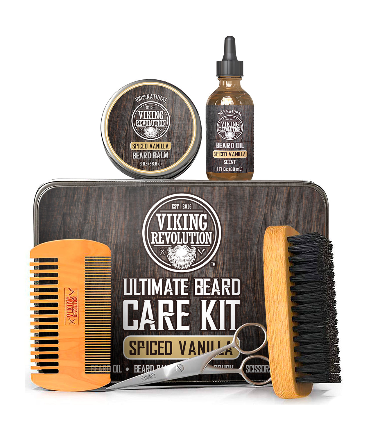 Beard Care Kit Spiced Vanilla with comb, brush, scissors, oil & balm for ultimate beard grooming.