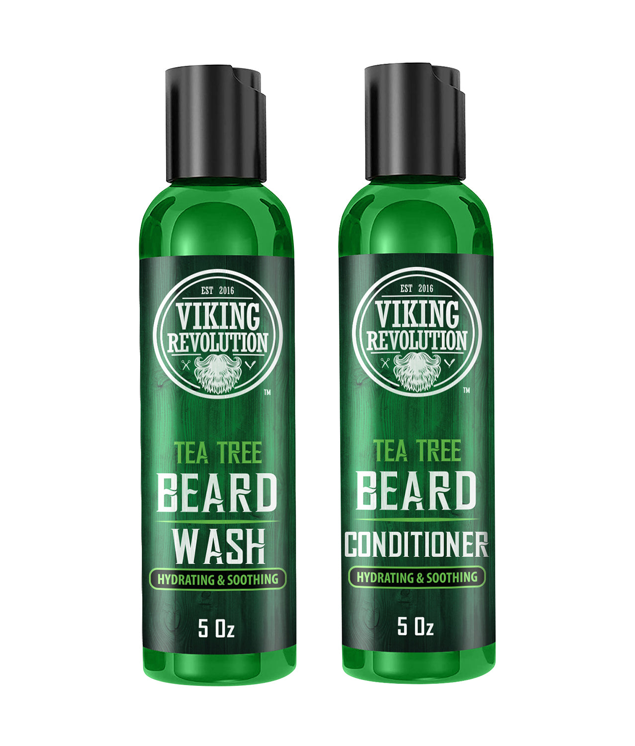 Two green bottles of Tea Tree Beard Wash & Beard Conditioner (5 oz each) with natural ingredients.