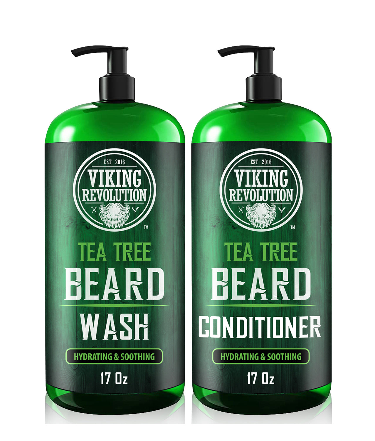 Two green bottles of Tea Tree Beard Wash & Beard Conditioner (17 oz) with natural ingredients.
