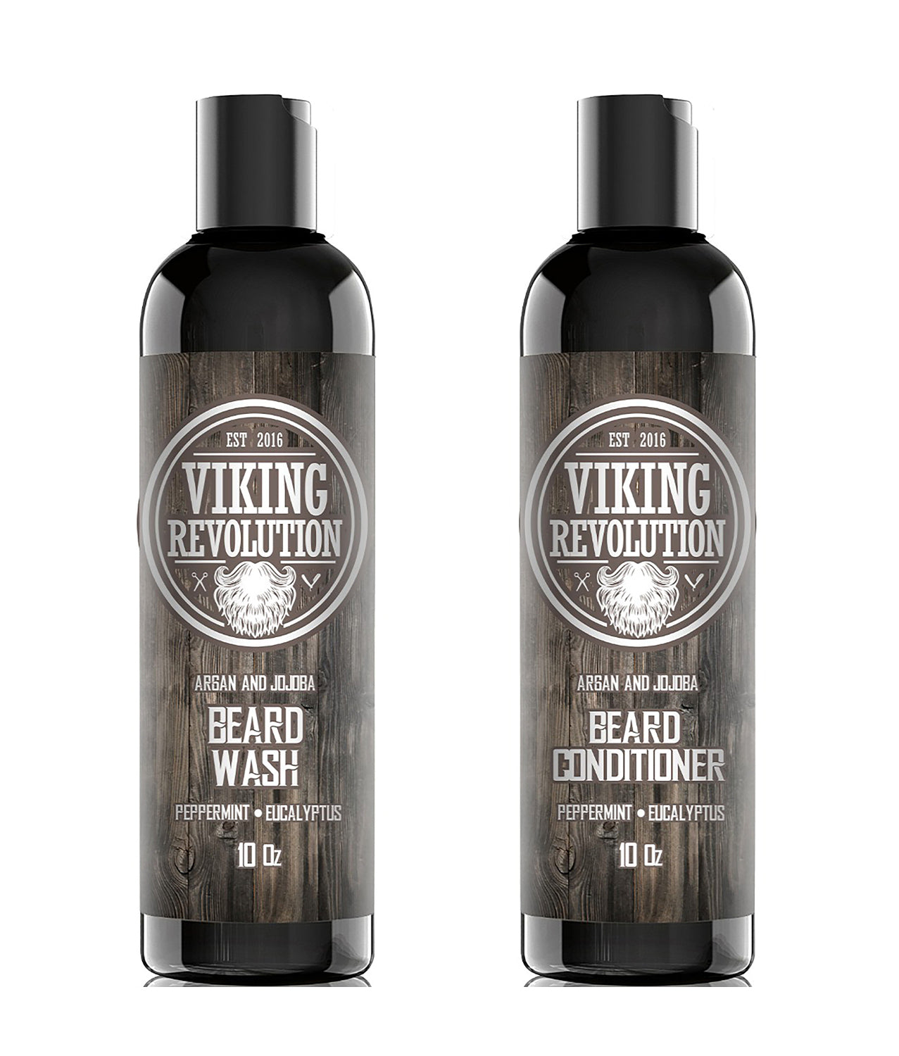 Two 10 oz bottles of Peppermint & Eucalyptus Beard Wash & Conditioner Set by Viking Revolution.