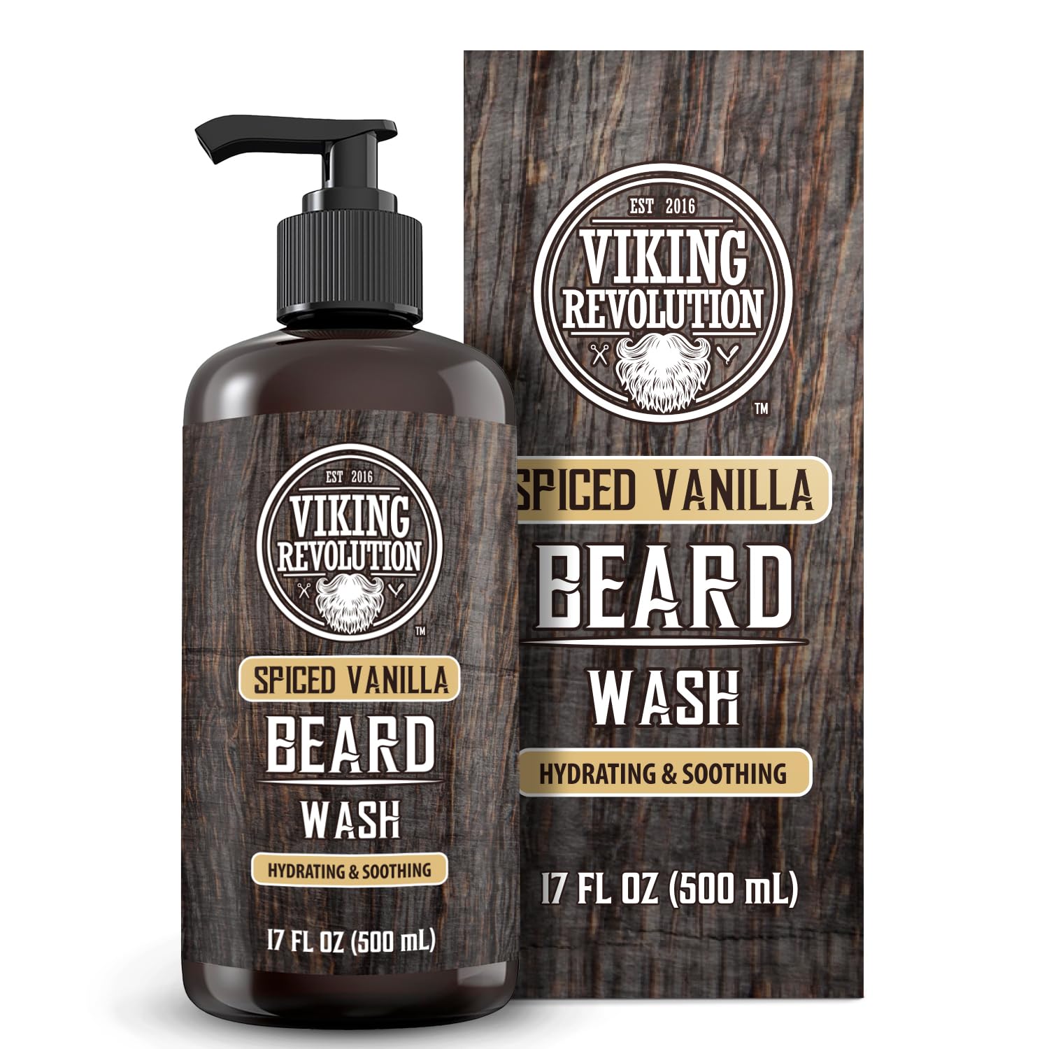 Viking Revolution Beard Wash Spiced Vanilla 17oz, Argan & Jojoba, wood-texture bottle and box.