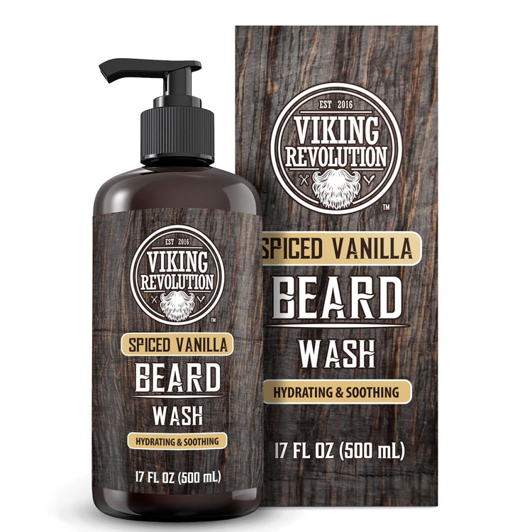 Viking Revolution Beard Wash Spiced Vanilla 17oz, Argan & Jojoba, wood-texture bottle and box.