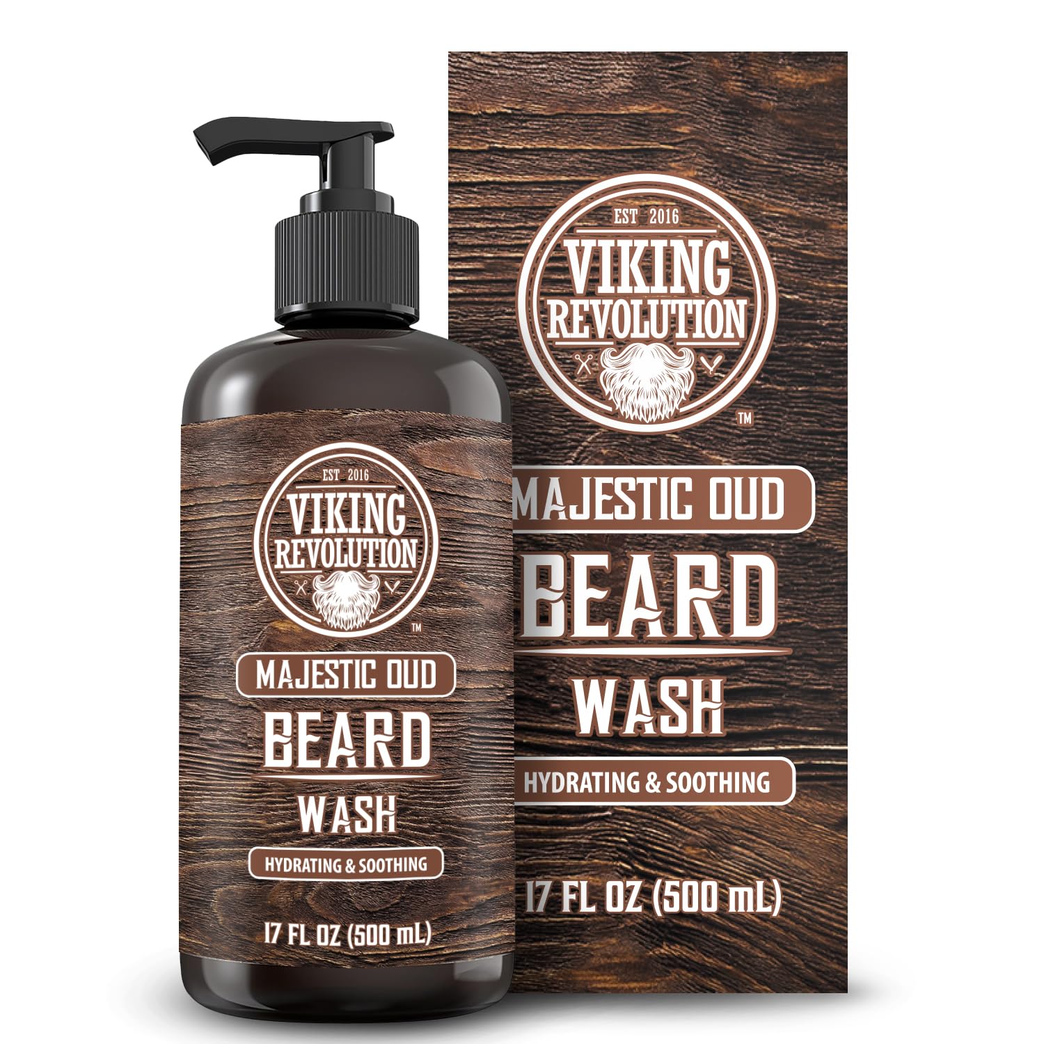 Beard wash bottle/box branded Viking Revolution labeled Majestic Oud Beard Shampoo 17oz.