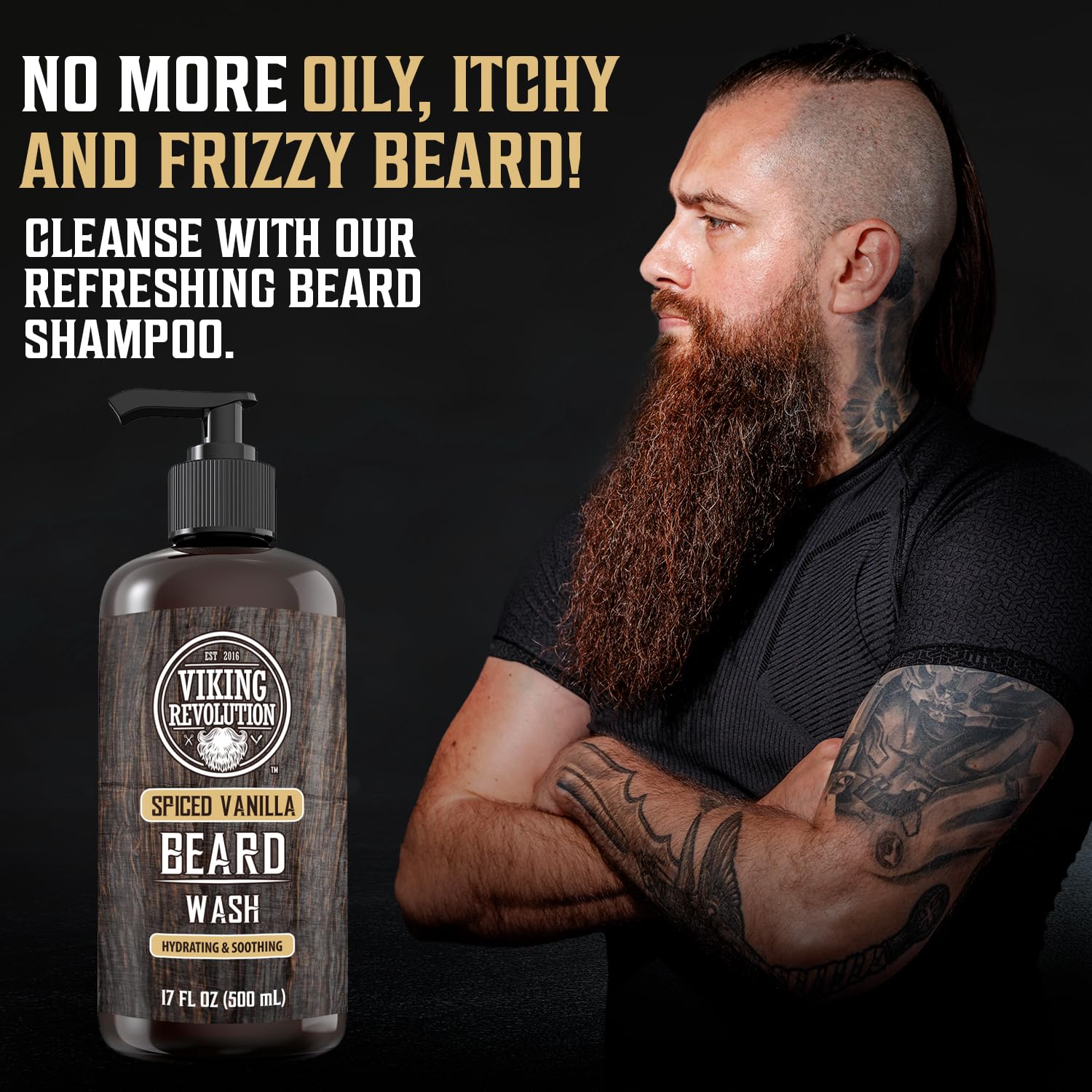 Man with long beard advertised with Beard Wash Spiced Vanilla with Argan Oil and Jojoba 17oz bottle.