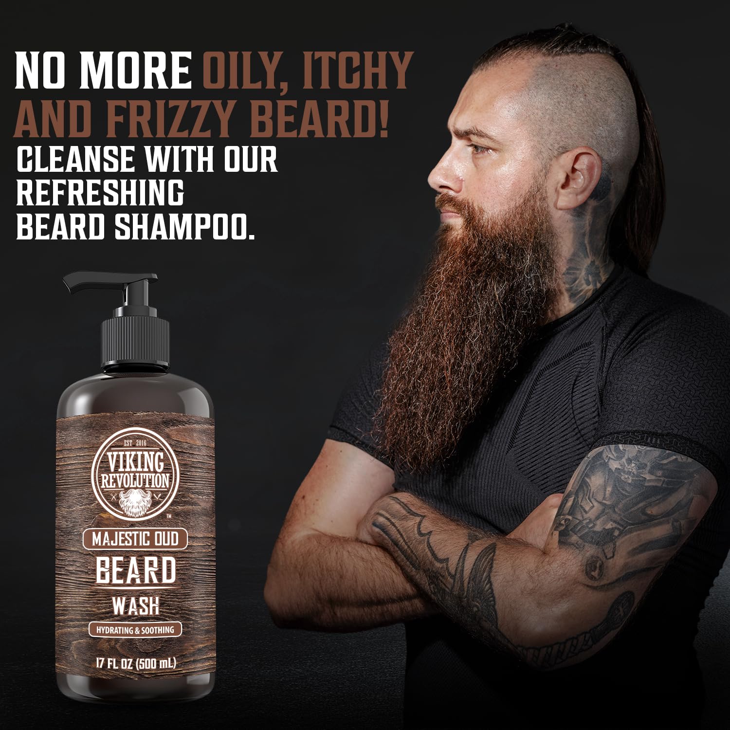 Tattooed man with a long beard promotes the cleansing power of Majestic Oud Beard Wash with Argan Oil.