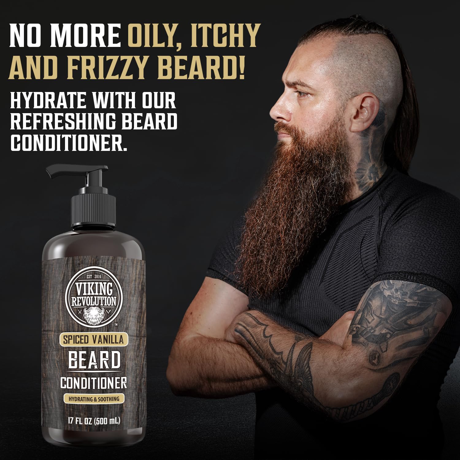 A man with a long beard stands by a 17oz bottle of Spiced Vanilla Beard Conditioner on a black background.