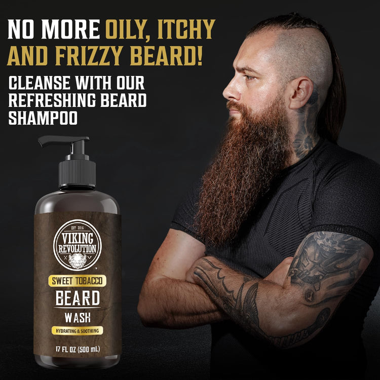 Man with a long beard stands next to Sweet Tobacco Beard Wash with Argan Oil and Jojoba, ideal for growth.