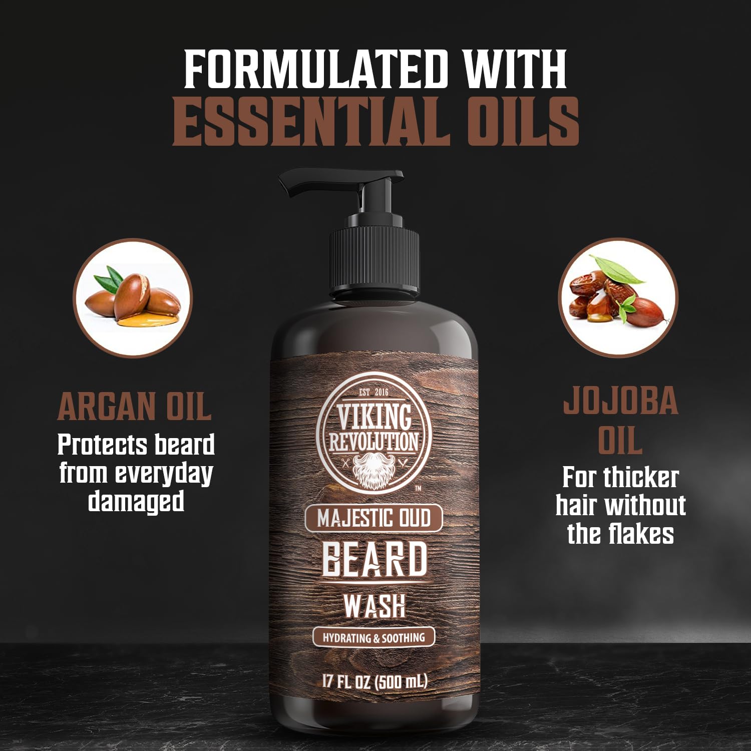 Beard wash Majestic Oud with Argan, Jojoba Oils 17oz for hydration and soothing benefits.